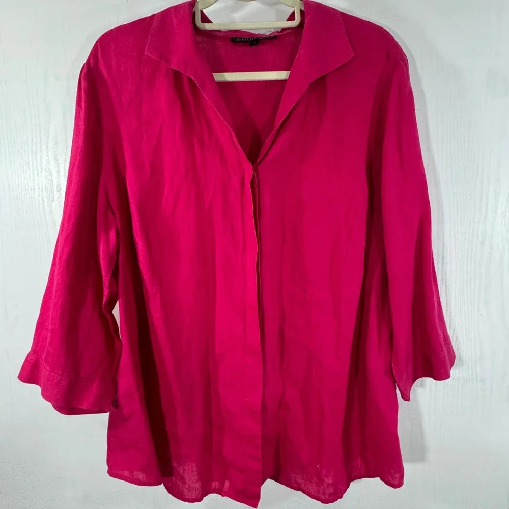 Lafayette 148 New York Linen‎ Button Up Shirt 3/4 Sleeve Pink Blouse Top - Picture 2 of 11